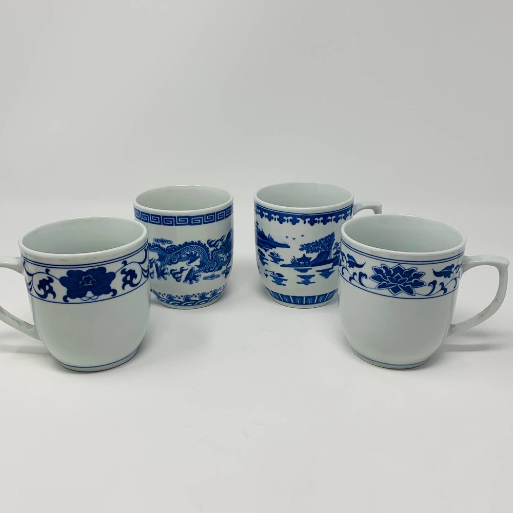 BLUE & WHITE CHINESE ASIAN ORIENTAL ETHNIC CHINA MUG SET OF 4 DIFFERENT PATTERNS